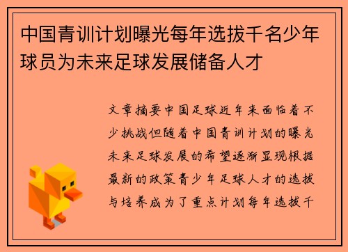 中国青训计划曝光每年选拔千名少年球员为未来足球发展储备人才