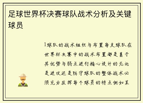 足球世界杯决赛球队战术分析及关键球员